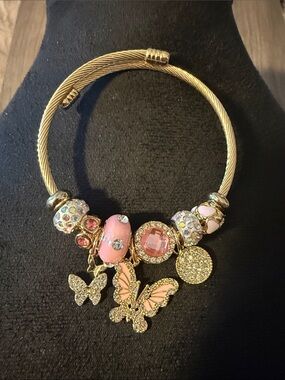 Delicate Pink Charm Bracelet with Butterfly Gold Accents Gold Plated